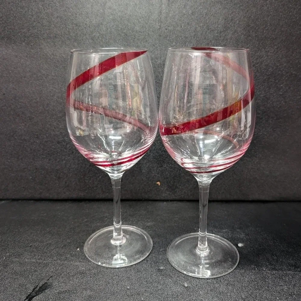 Pier 1 Red Swirline Wine Glasses, Set‎ Of 2, Vintage Clear Stemware, Replacement